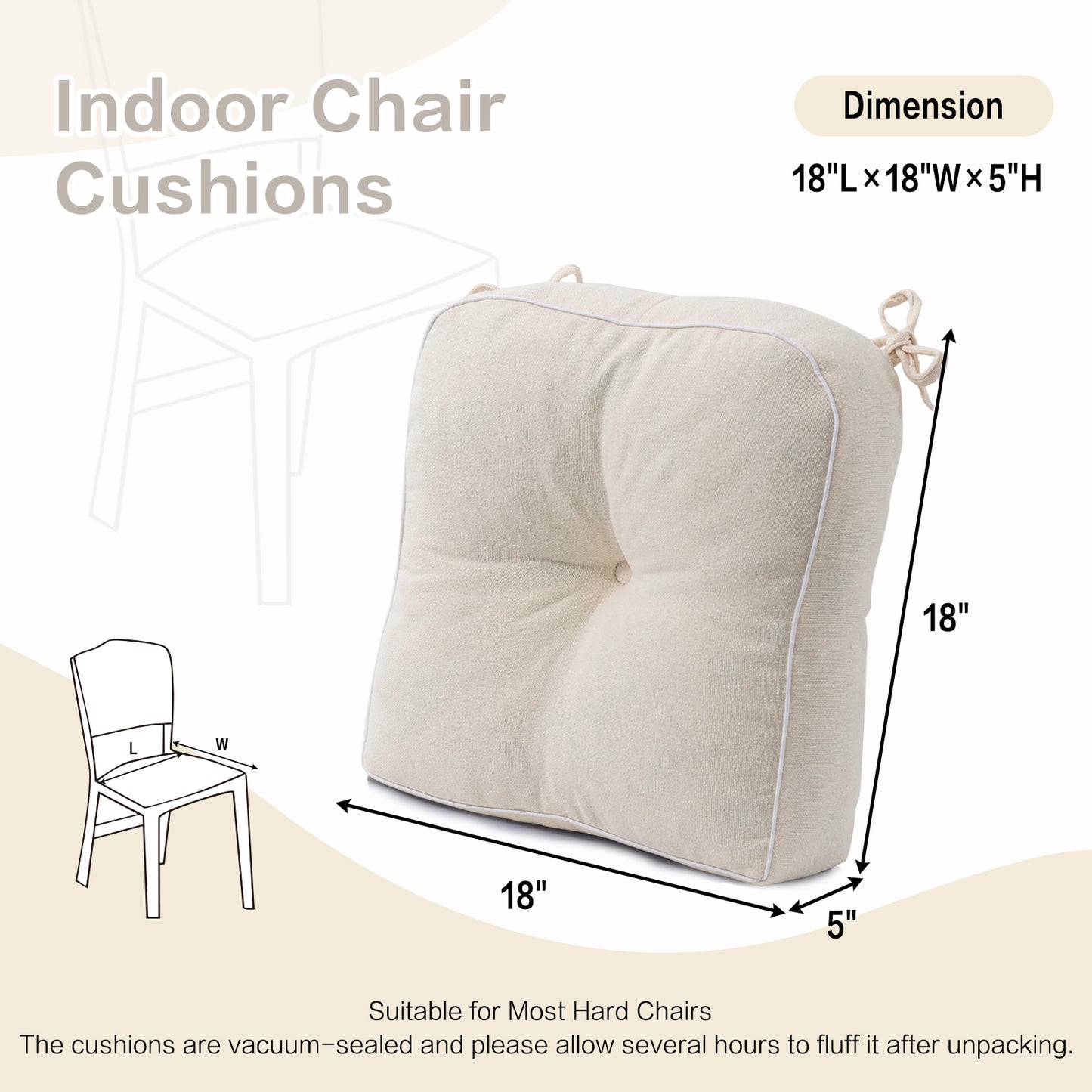 2 Pack of Chair Cushions 16.5 x 16.5 x 5 Inches, Ivory